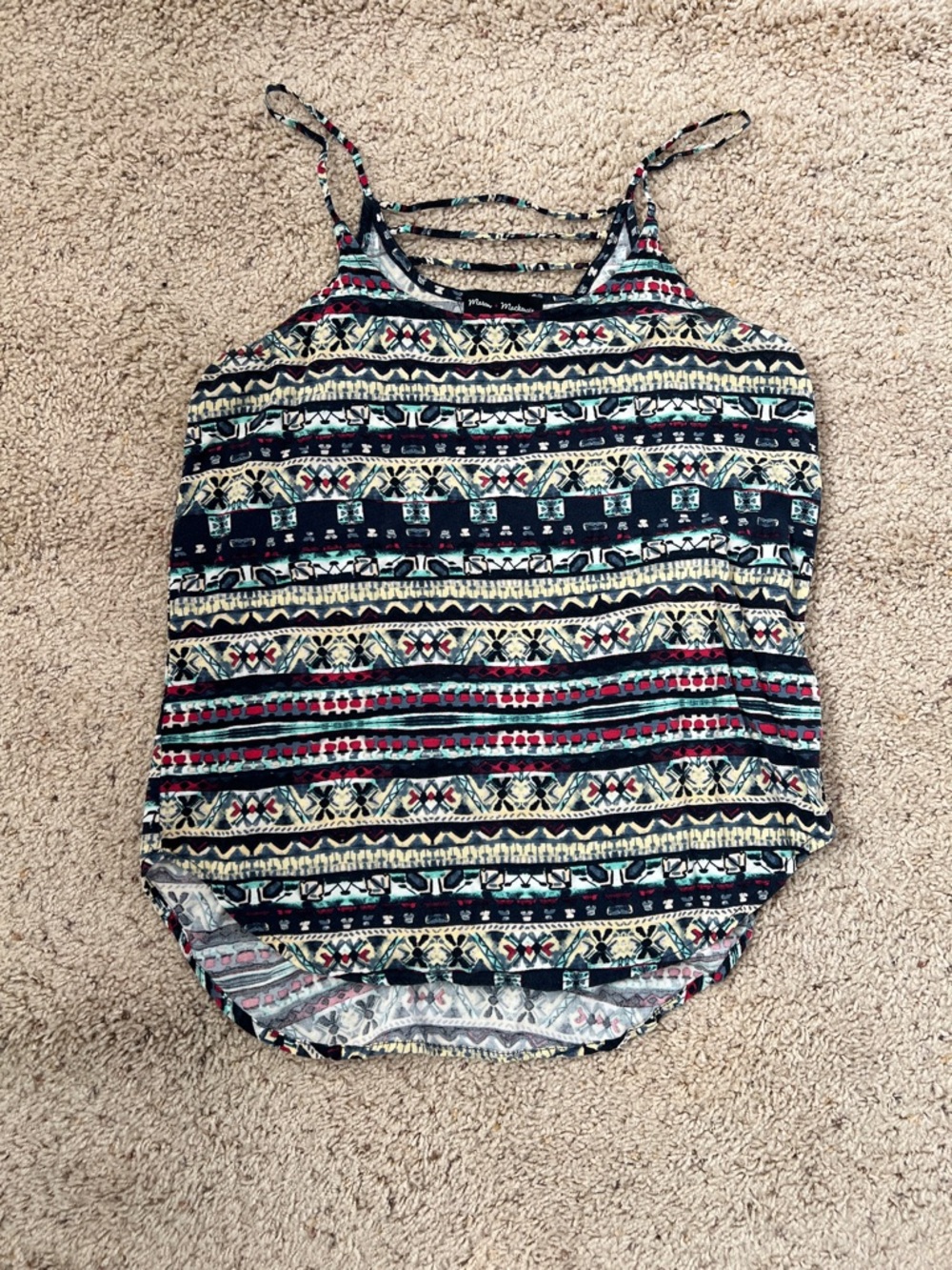 Striped Tribal Print Spaghetti Strap Tank Top - Navy, Red & Cream